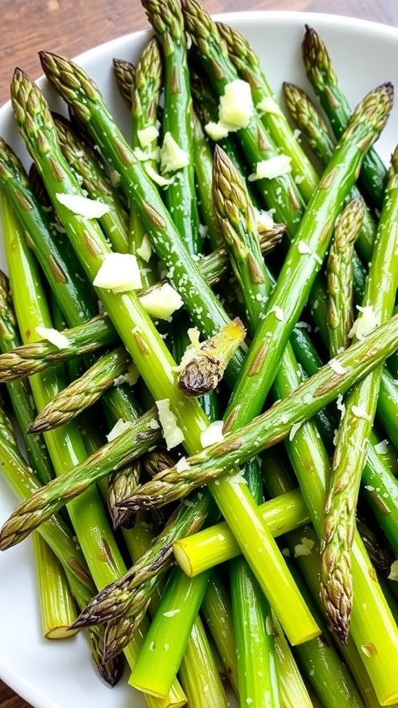A plate of roasted seasoned asparagus garnished with garlic, lemon zest, and Parmesan cheese.